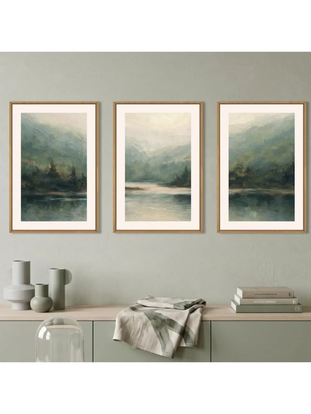 Watercolor Green Forest Mountain Framed Canvas Wall Art - 16